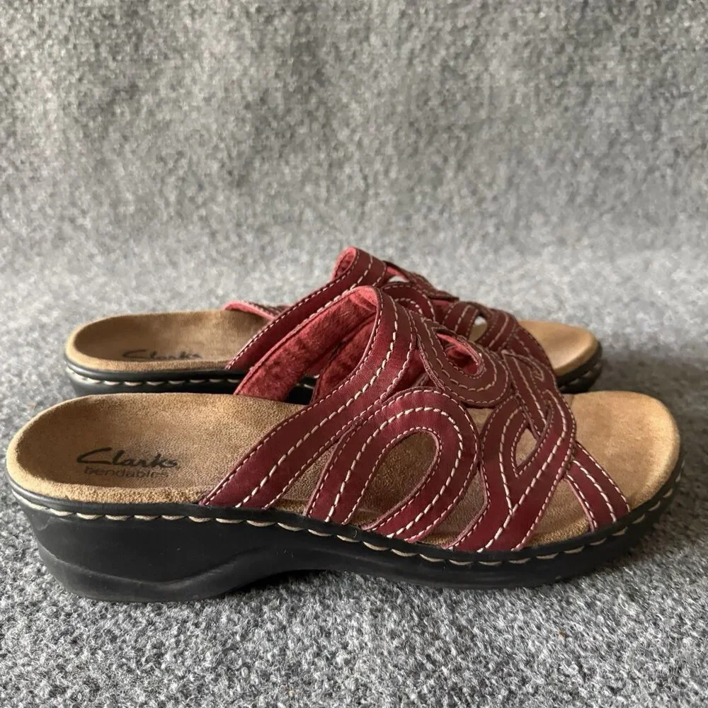 Clarks Bendables Red Leather Cutout Scroll Slide Sandals Women Size 9.5 M